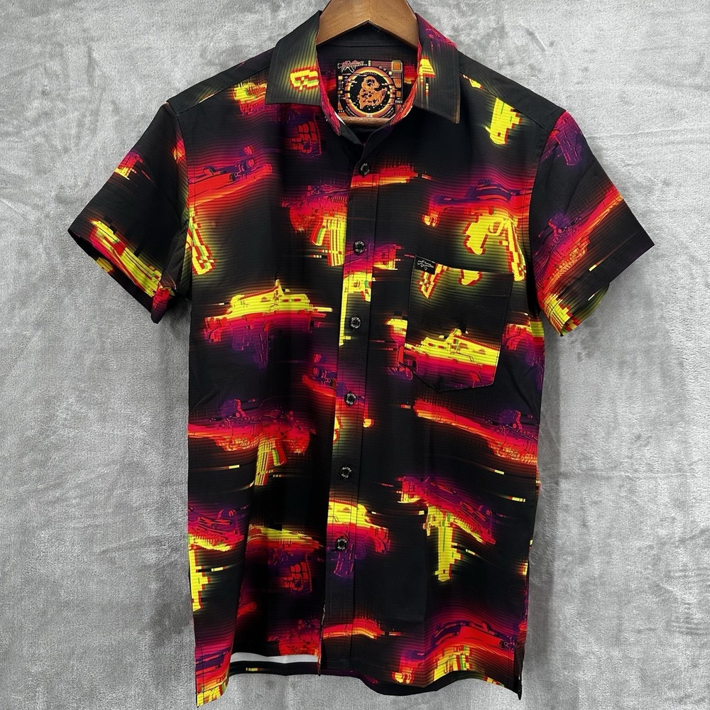 Retro Rifle Shirt Mens XS Black Neon Button Glitch Button Down Stretch Hawaiian